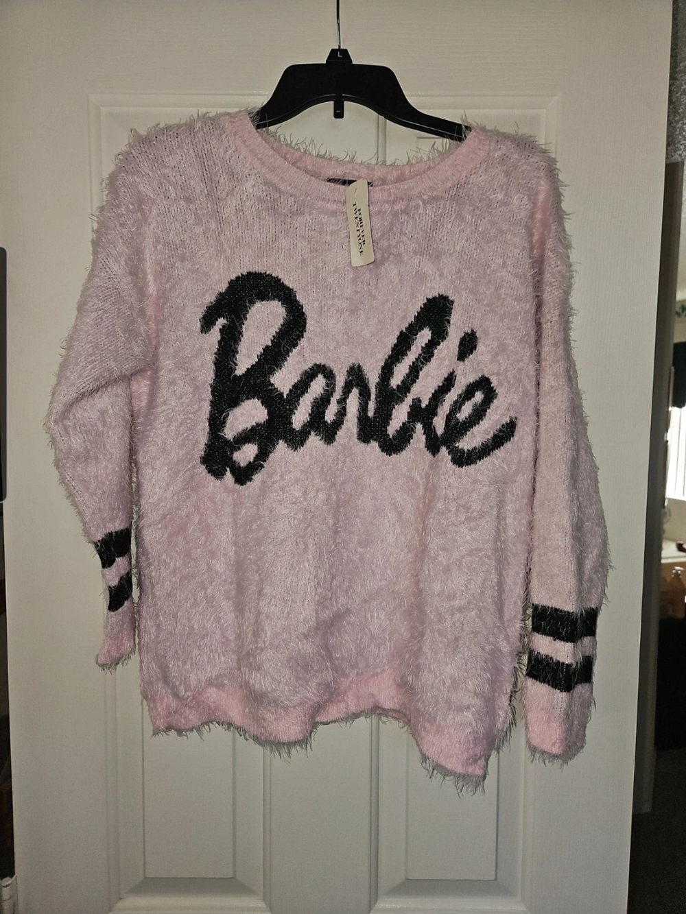 Forever 21 Pink Fuzzy Barbie Logo Pullover with Black Accents